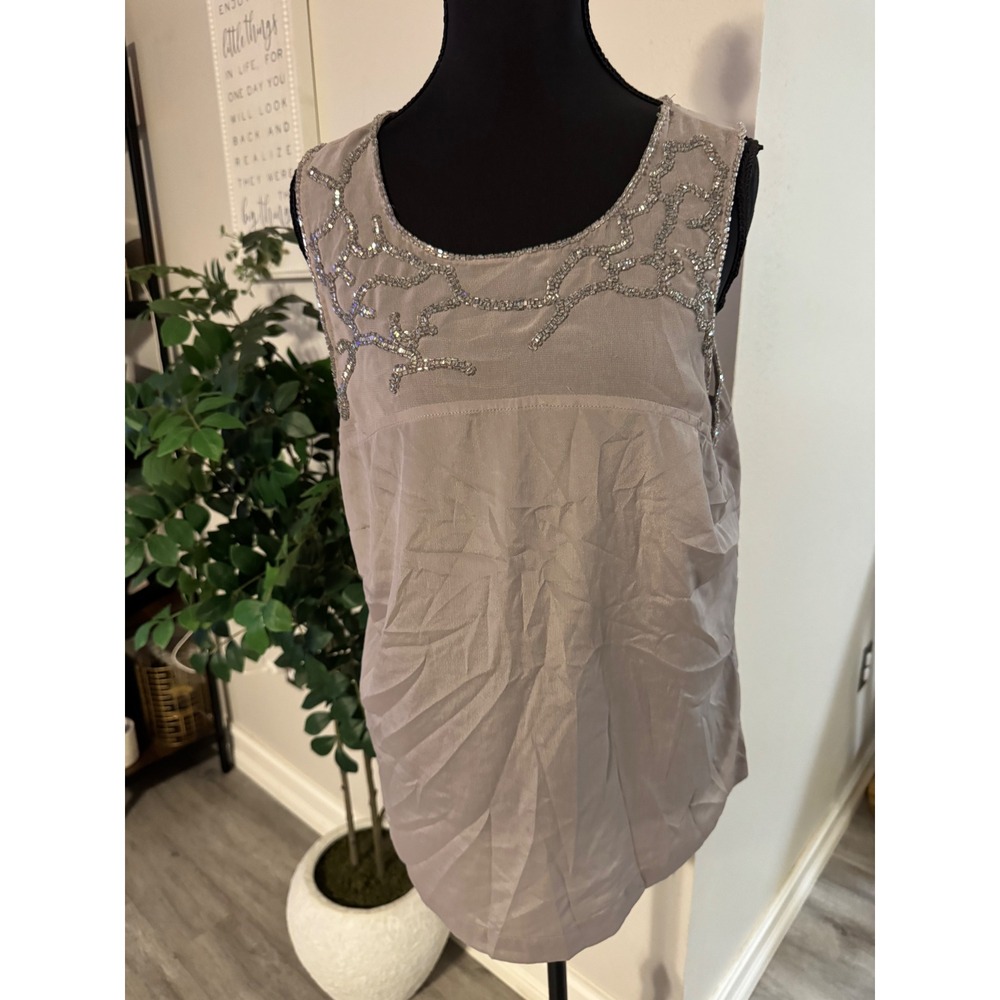 Willow & Clay Taupe Grey Beaded Sequin Sleeveless Blouse Top MT3571-K17K